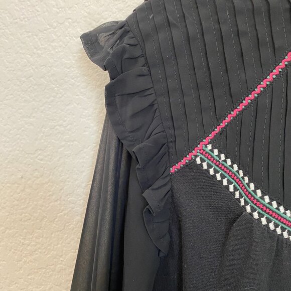 FAT FACE Black Mesh Long Sleeve Ruffle Shoulder Embroidered Blouse - Picture 8 of 8